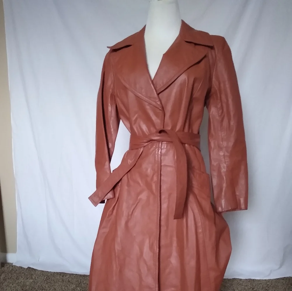 Vintage Leather Trench Coat Open Tie Close Burnt Orange by P.B.D. International - Picture 1 of 14